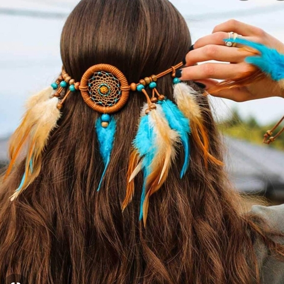 ? Brown Braided Hair Band / Necklace with Beaded Feather Accents